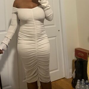 White Ruched Midi Dress